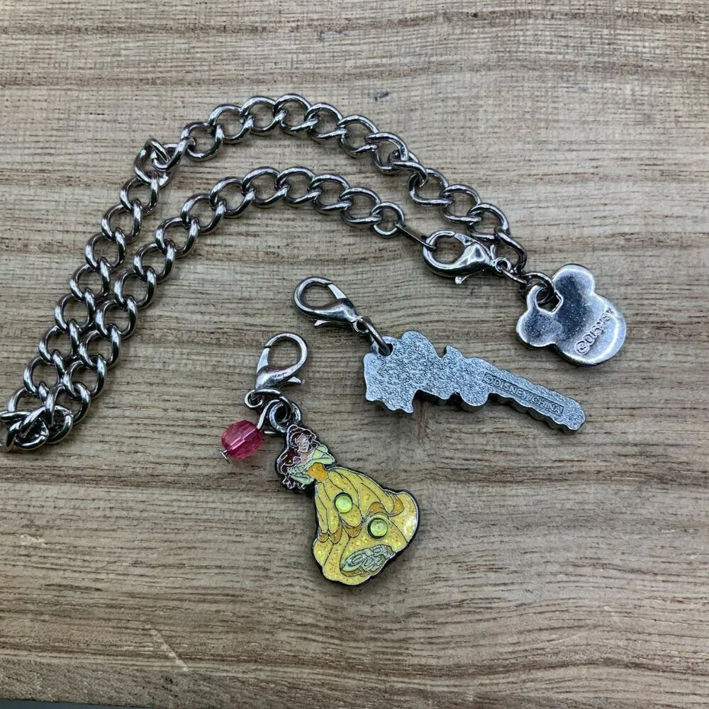 Disney Silver Tone Charm Belle Princess Rhinestone Chain Bracelet